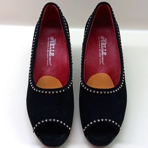 Black suede rhinestone edging heels